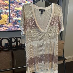 INC International Concepts White and Gold Sequin Short Sleeve Top